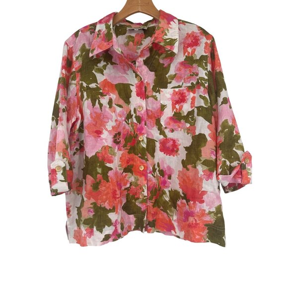 Jones New York Sport Floral Pink  Green Linen blouse top Shirt size  XL NEW - Picture 1 of 5